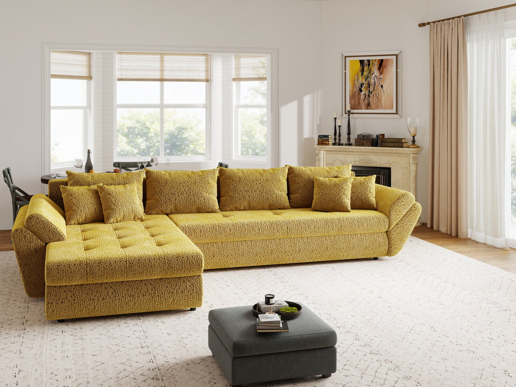 Colțar extensibil dumonde cu ladă de depozitare si sezut confortabil din spuma high-density, Loana XL Jaguar Galben Mustar 335x185 cm