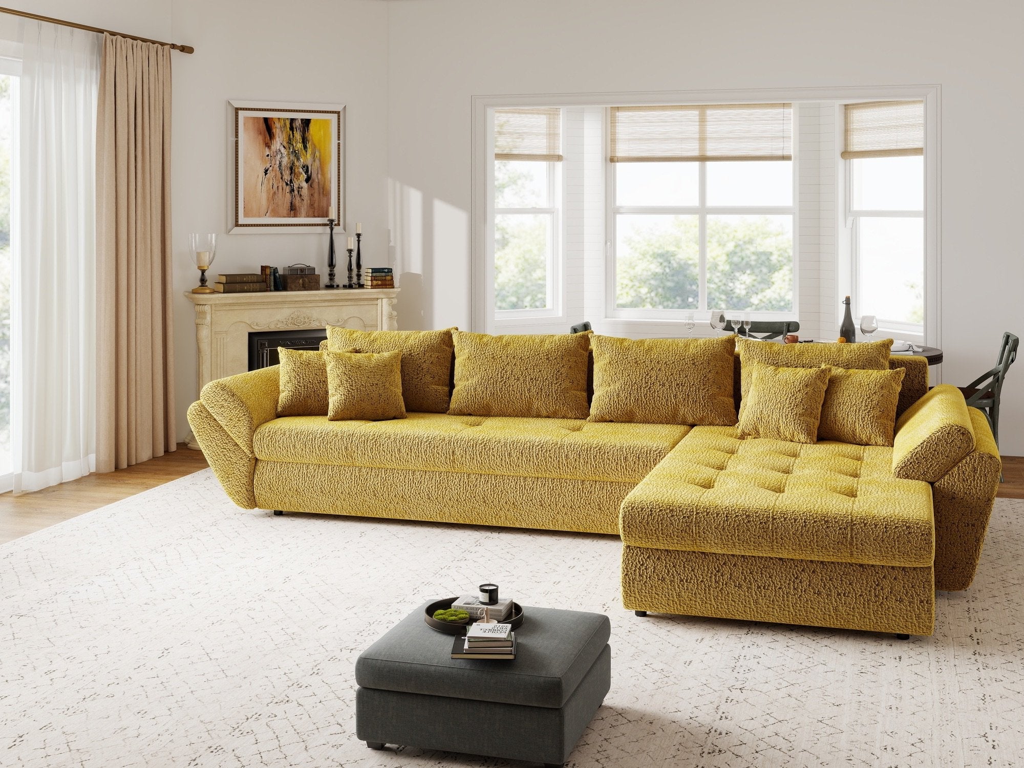 Colțar extensibil dumonde cu ladă de depozitare si sezut confortabil din spuma high-density, Loana XL Jaguar Galben Mustar II 335x185 cm