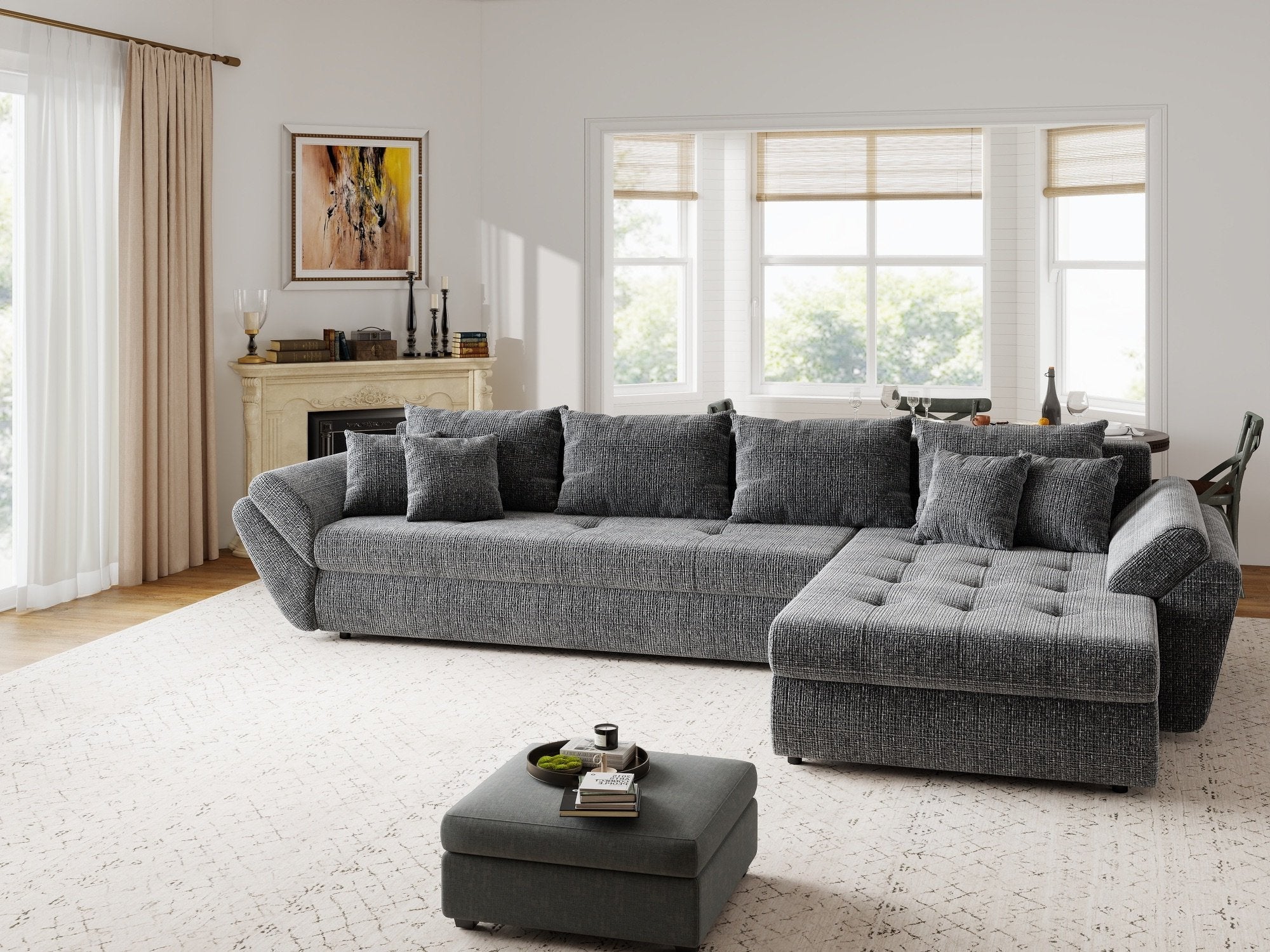 Colțar extensibil dumonde cu ladă de depozitare si sezut confortabil din spuma high-density, Loana XL Cremona Gri II 335x185 cm