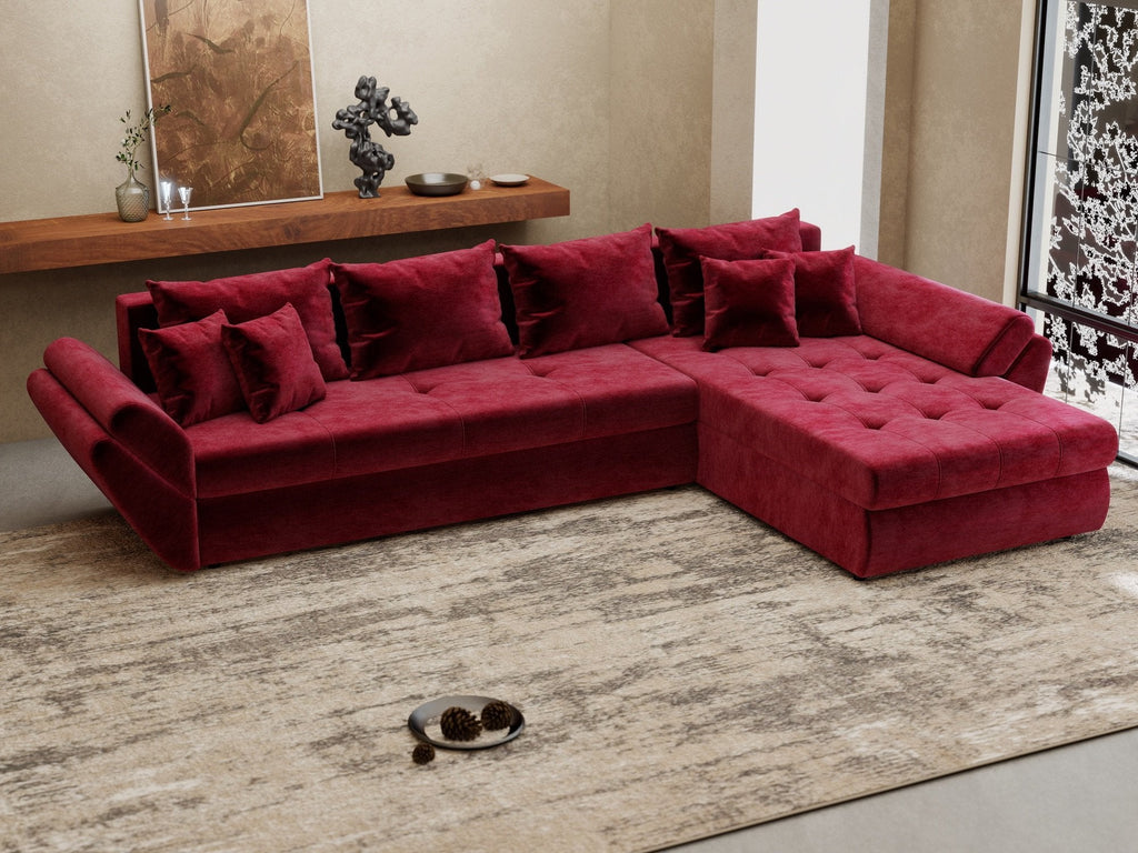 Colțar extensibil dumonde cu ladă de depozitare si sezut confortabil din spuma high-density, Loana XL Monolith Rosu II 335x185 cm