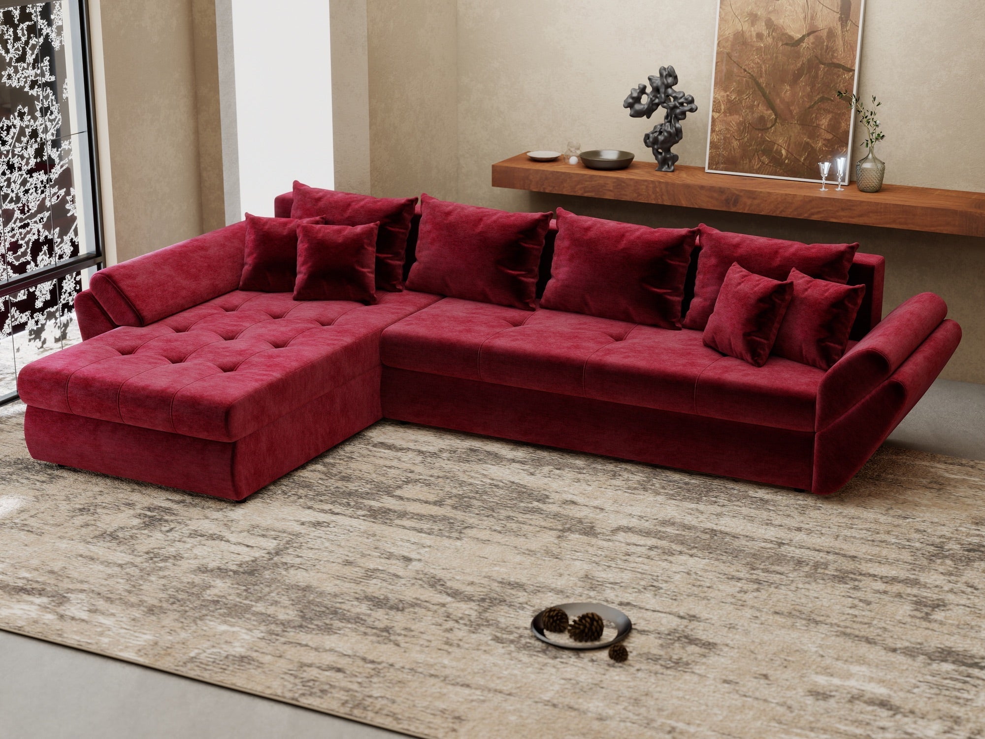 Colțar extensibil dumonde cu ladă de depozitare si sezut confortabil din spuma high-density, Loana XL Monolith Rosu 335x185 cm