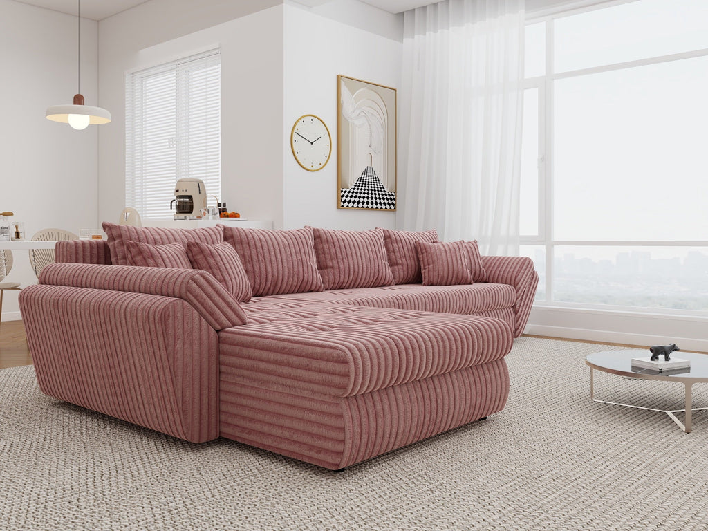 Colțar extensibil dumonde cu ladă de depozitare si sezut confortabil din spuma high-density, Loana XL Tilia Roz Pudrat 335x185 cm