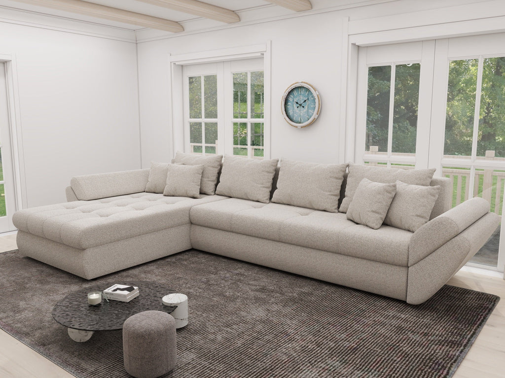 Colțar extensibil dumonde cu ladă de depozitare si sezut confortabil din spuma high-density, Loana XL Monte Bej 335x185 cm
