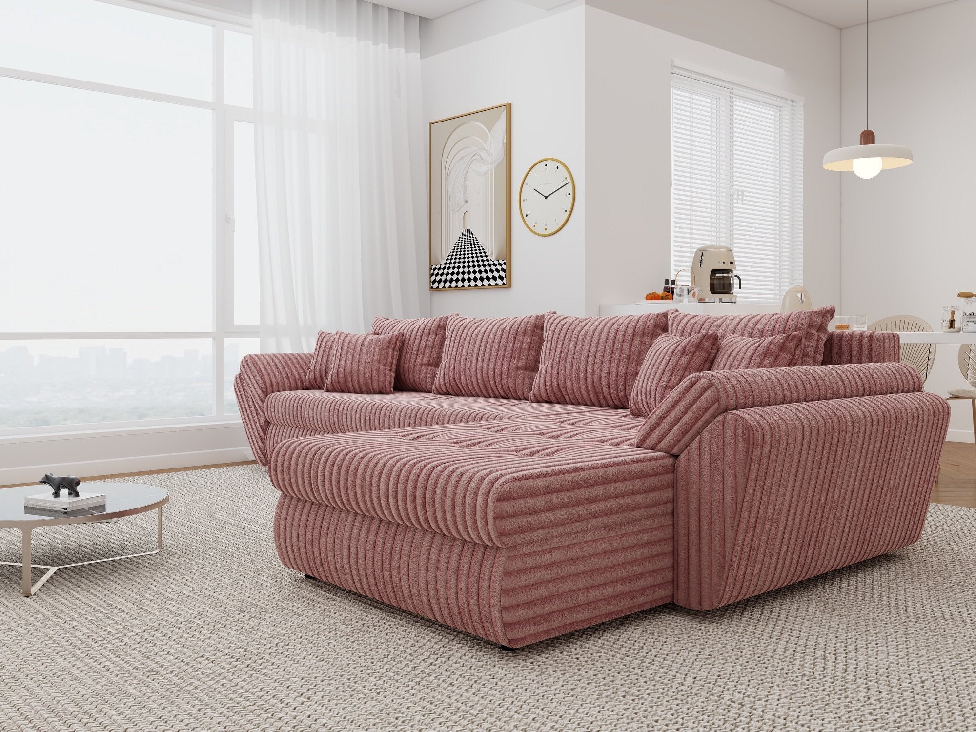 Colțar extensibil dumonde cu ladă de depozitare si sezut confortabil din spuma high-density, Loana XL Tilia Roz Pudrat II 335x185 cm
