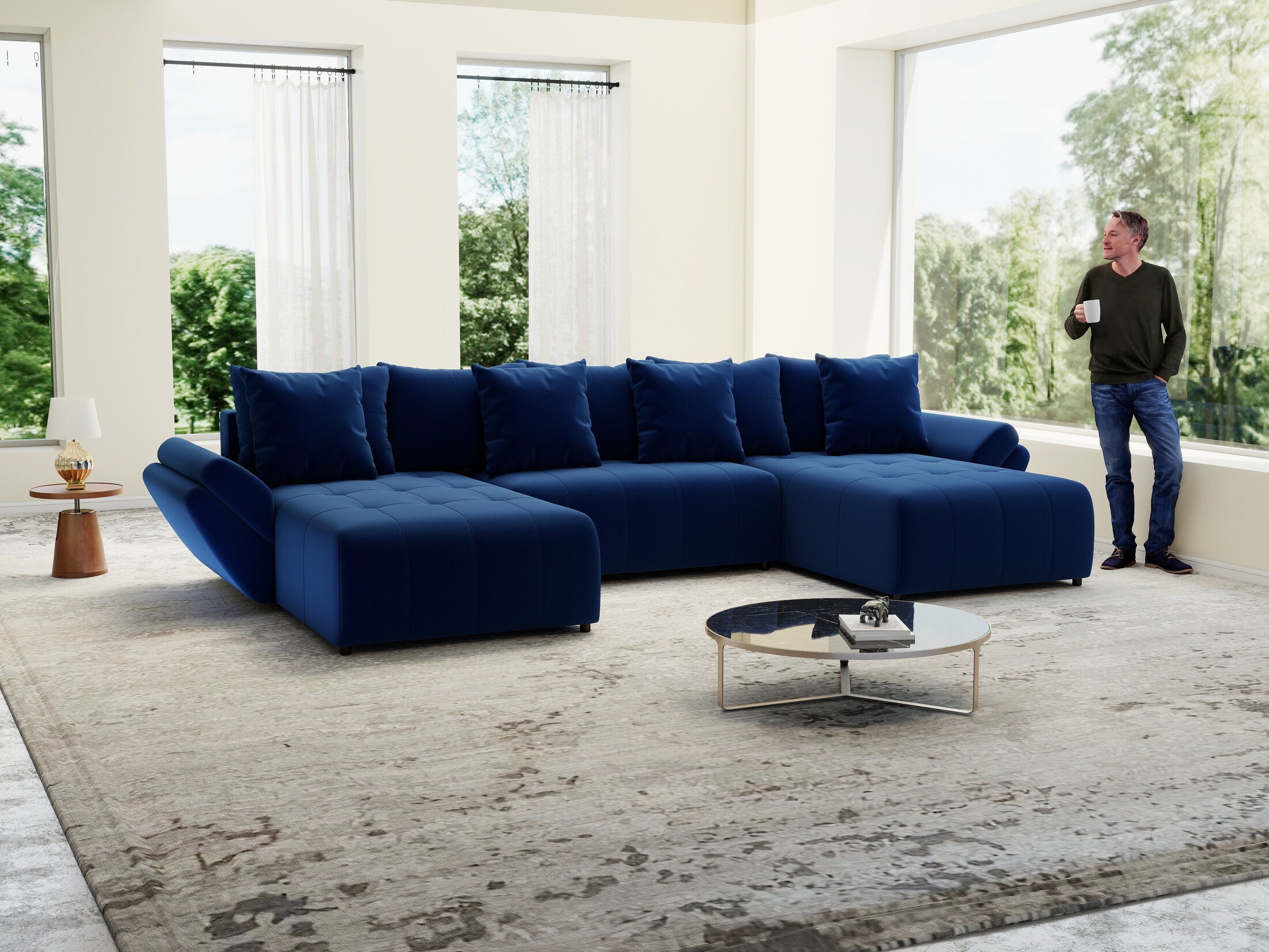 Colțar extensibil dumonde cu ladă de depozitare si sezut confortabil din spuma high-density, Berlin U Royal Blue 380x180 cm