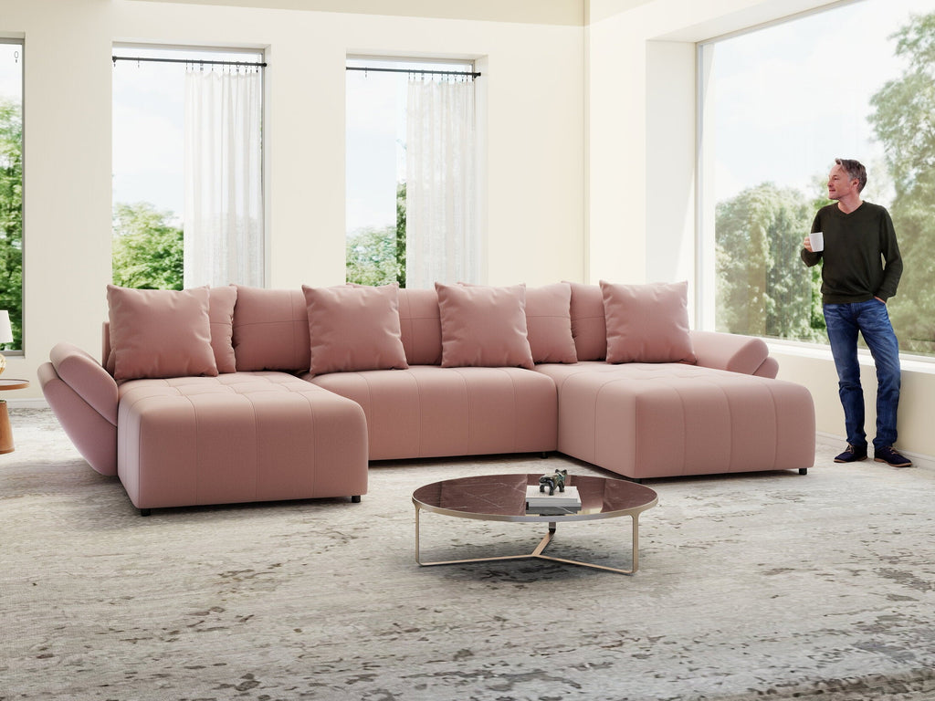 Colțar extensibil dumonde cu ladă de depozitare si sezut confortabil din spuma high-density, Berlin U Royal Roz 380x180 cm