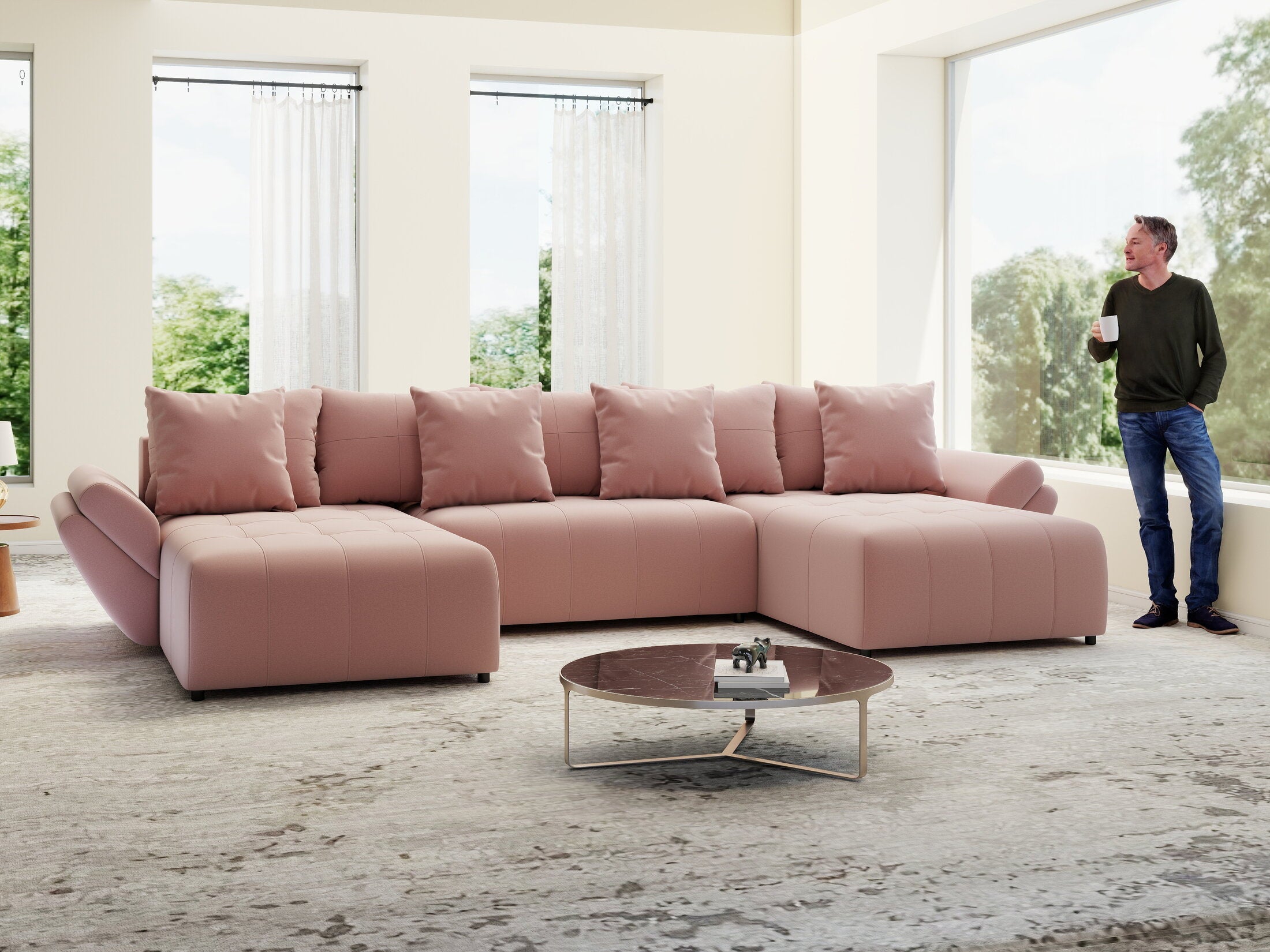 Colțar extensibil dumonde cu ladă de depozitare si sezut confortabil din spuma high-density, Berlin U Royal Roz 380x180 cm