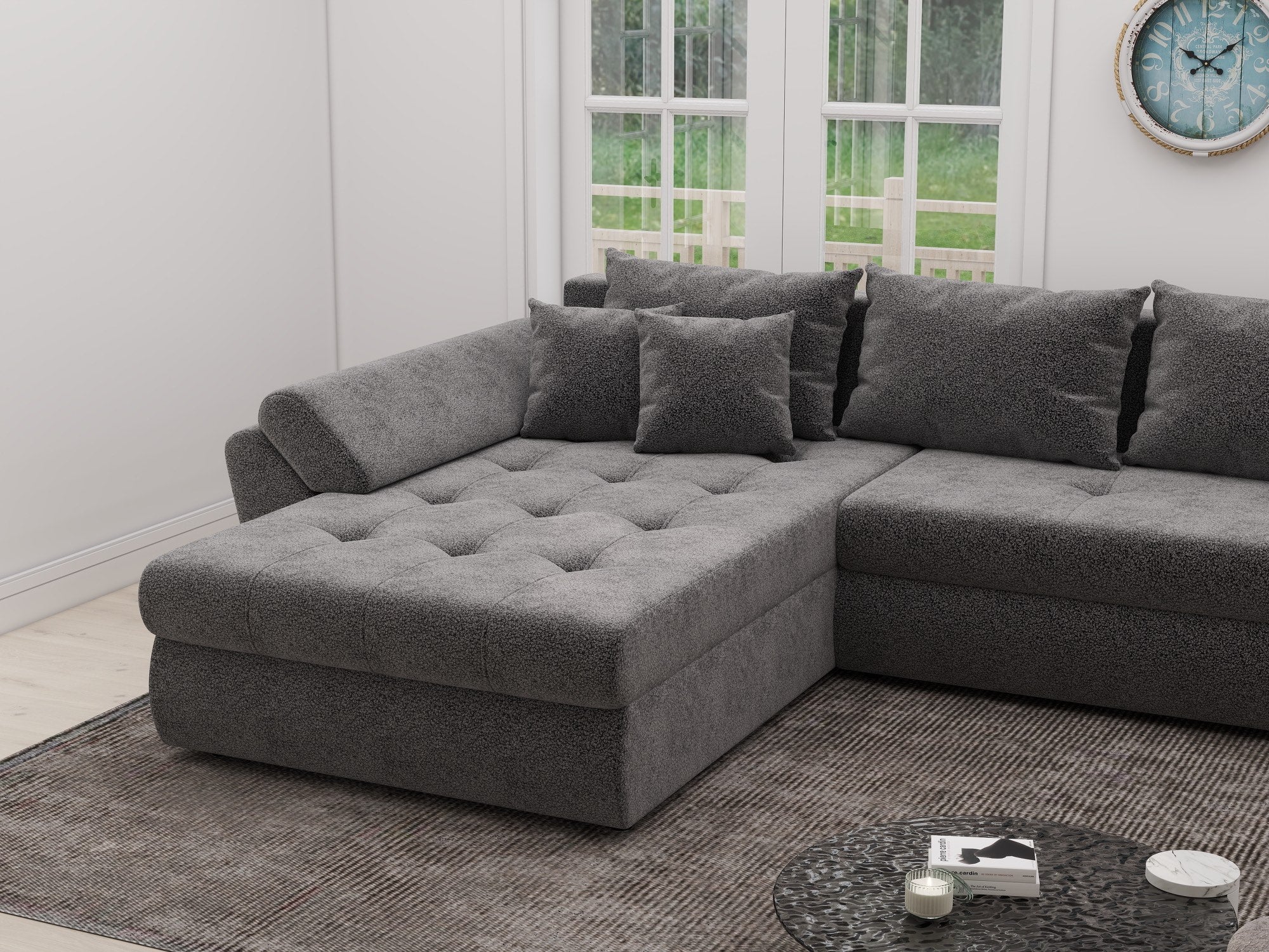 Colțar extensibil dumonde cu ladă de depozitare si sezut confortabil din spuma high-density, Loana XL Quelle Gri 92 335x185 cm