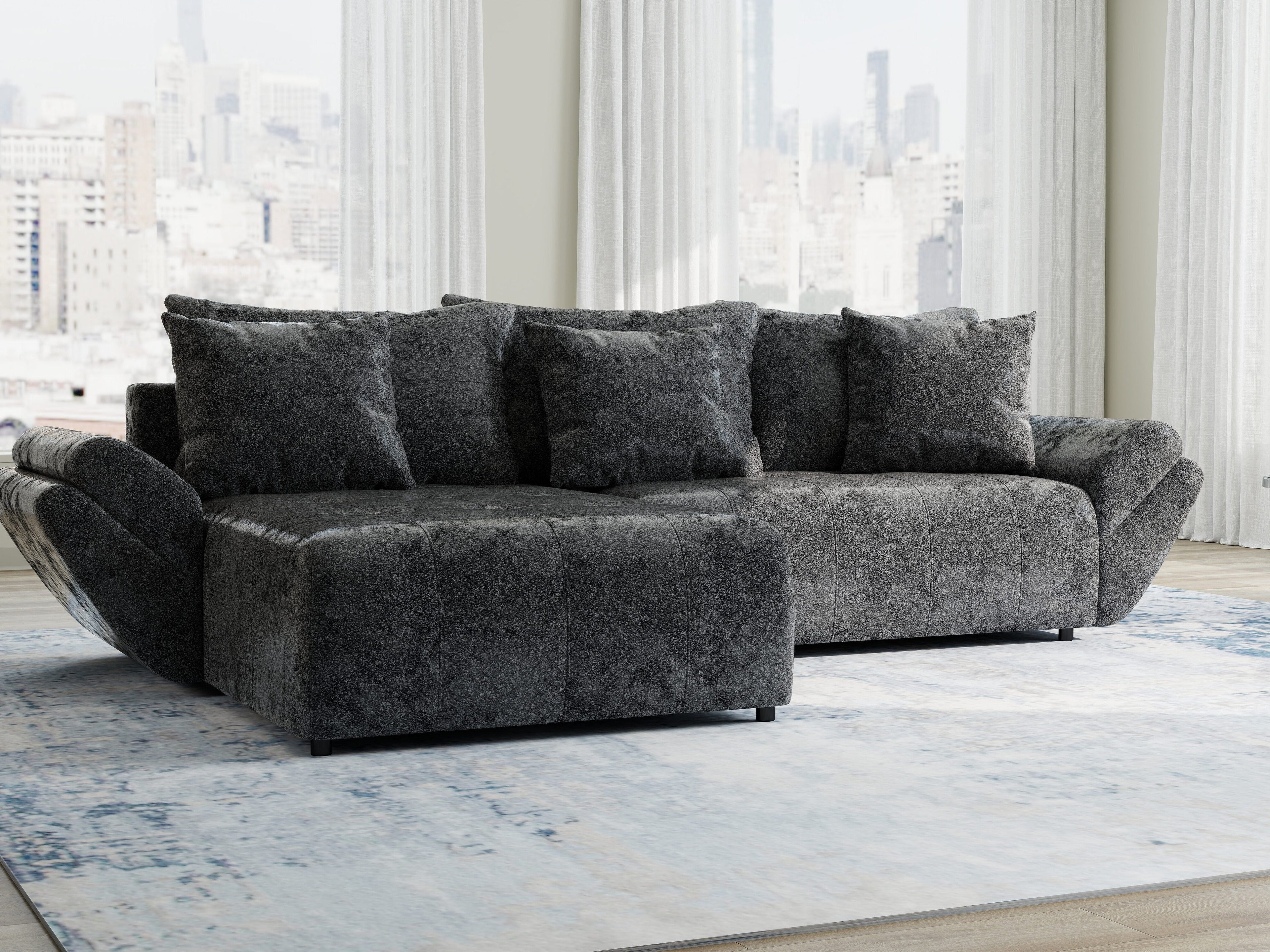 Colțar extensibil dumonde cu ladă de depozitare si sezut confortabil din spuma high-density, Berlin Euphoria Negru 280x185 cm
