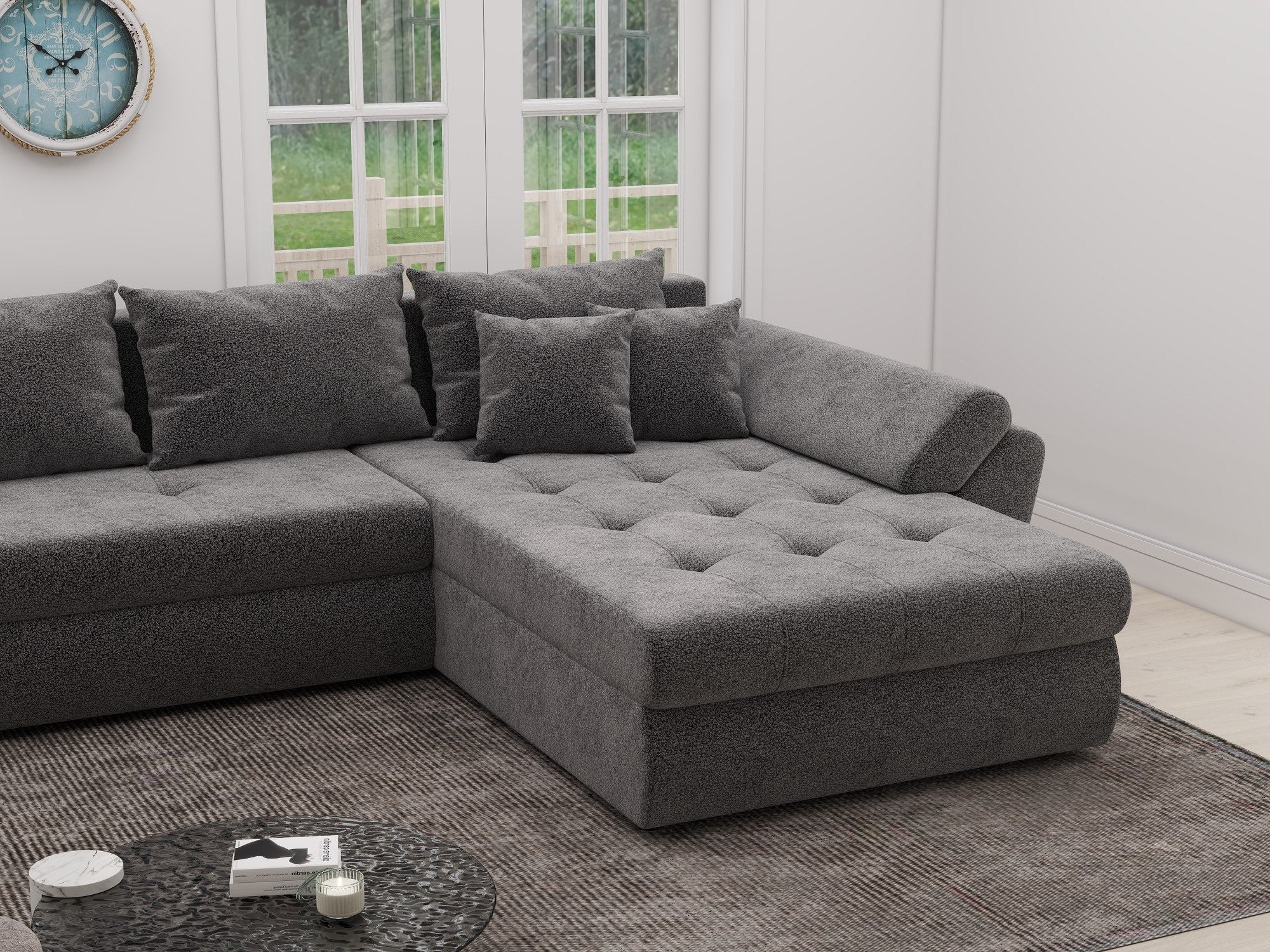 Colțar extensibil dumonde cu ladă de depozitare si sezut confortabil din spuma high-density, Loana XL Quelle Gri 92 II 335x185 cm