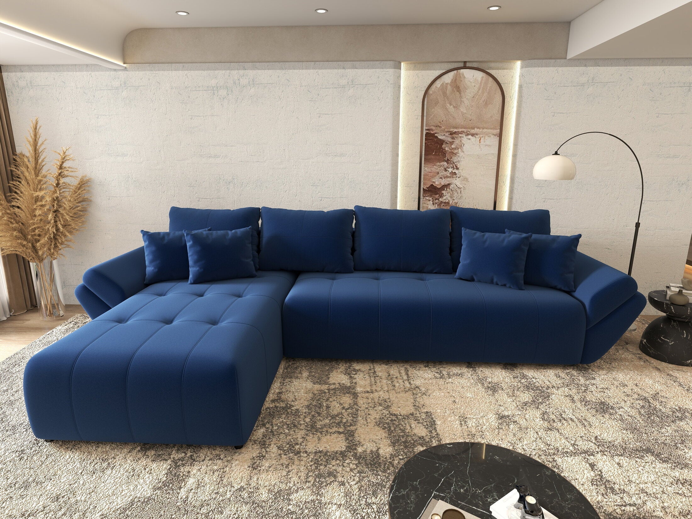 Colțar extensibil dumonde cu ladă de depozitare si sezut confortabil din spuma high-density, Berlin XL Royal Albastru 350x185 cm