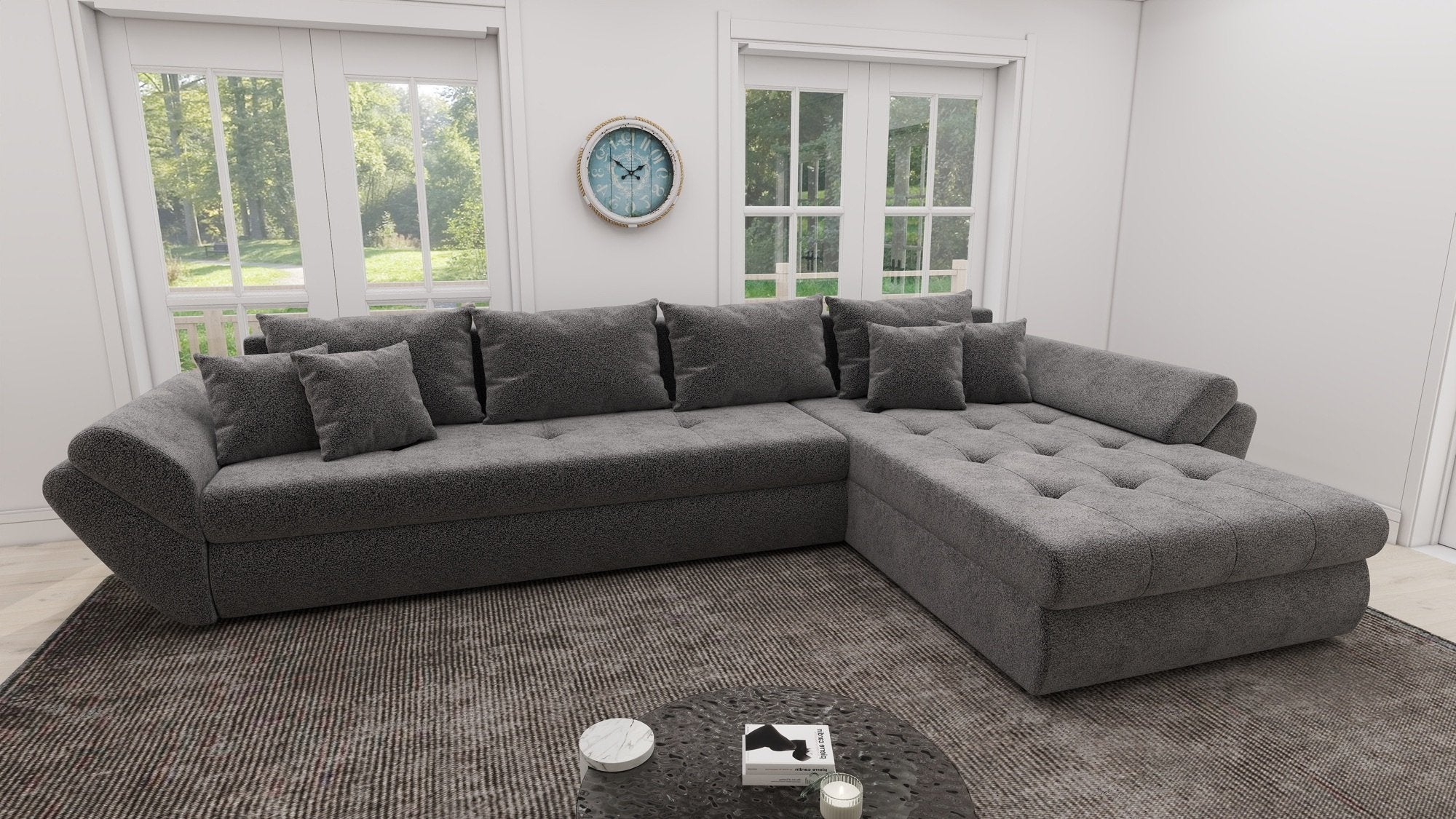 Colțar extensibil dumonde cu ladă de depozitare si sezut confortabil din spuma high-density, Loana XL Quelle Gri 92 II 335x185 cm
