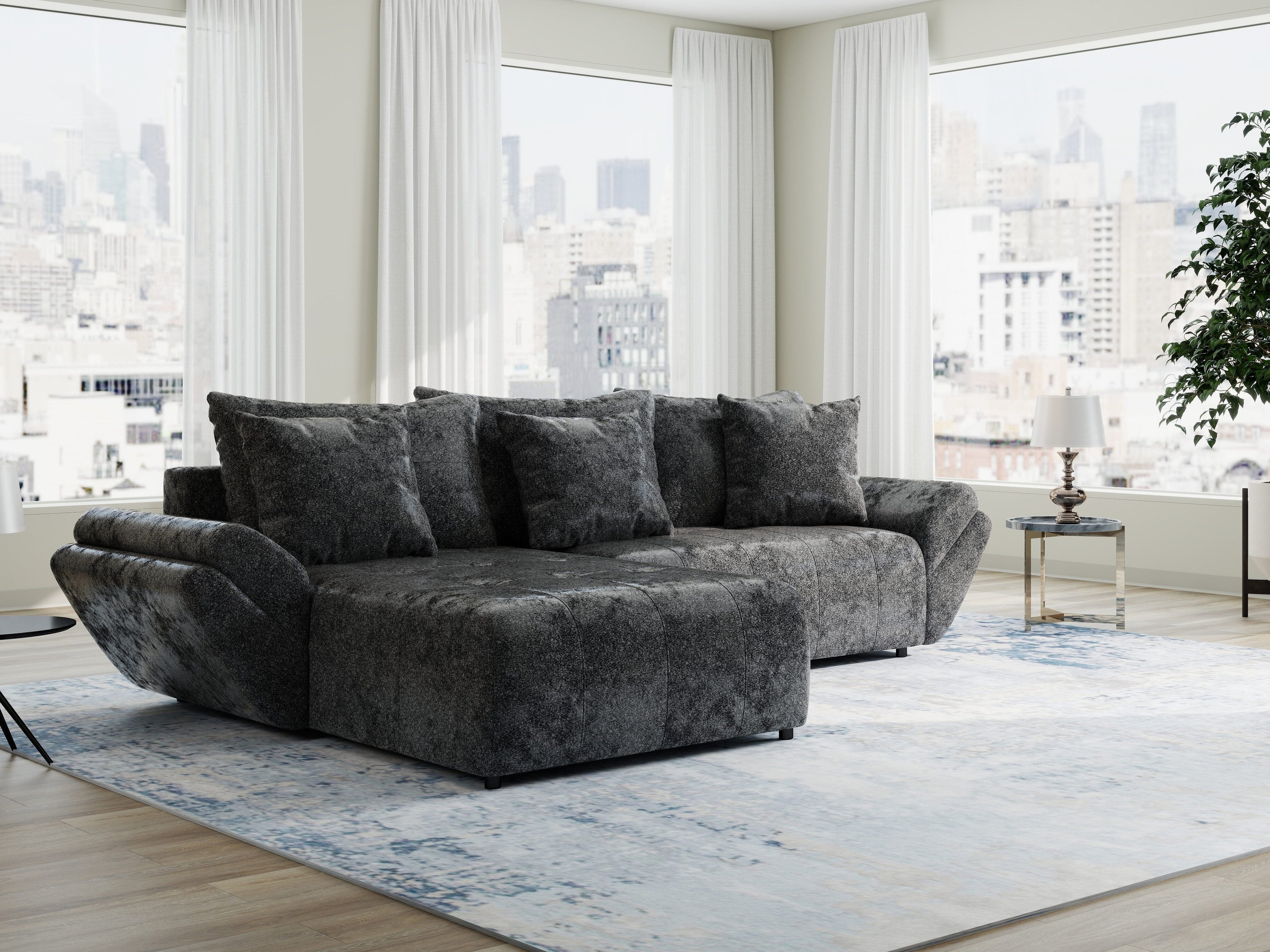 Colțar extensibil dumonde cu ladă de depozitare si sezut confortabil din spuma high-density, Berlin Euphoria Negru 280x185 cm