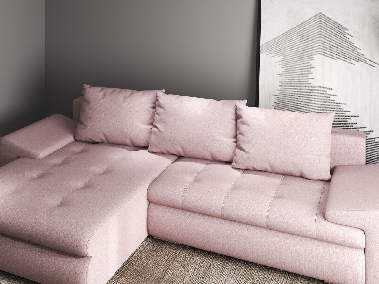 Colțar extensibil dumonde cu ladă de depozitare si sezut confortabil din spuma high-density, Leonardo Enjoy Roz 260x185 cm
