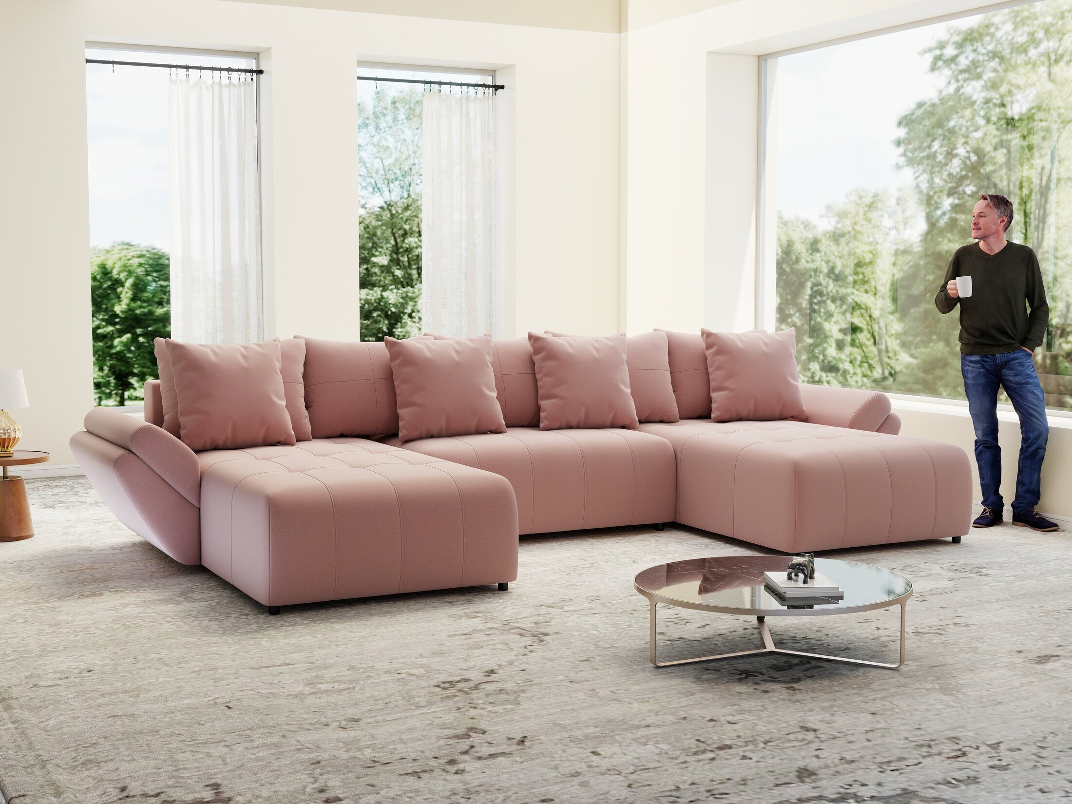 Colțar extensibil dumonde cu ladă de depozitare si sezut confortabil din spuma high-density, Berlin U Royal Roz 380x180 cm