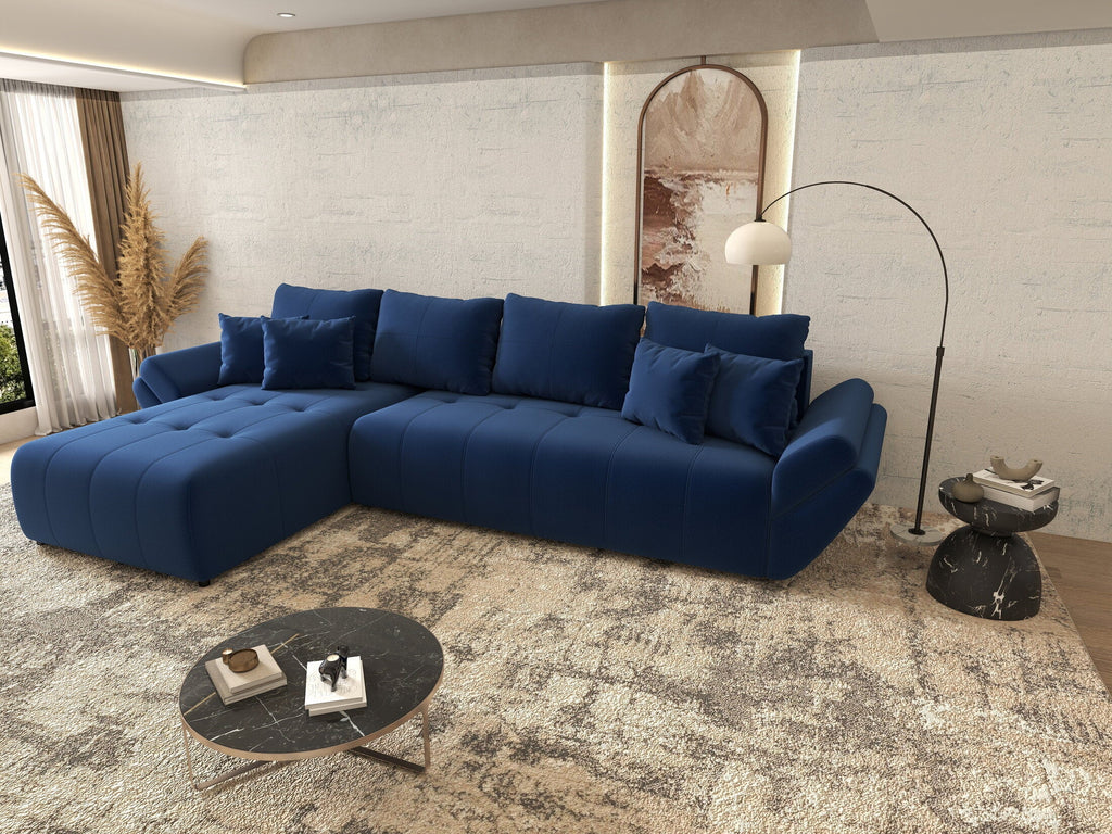 Colțar extensibil dumonde cu ladă de depozitare si sezut confortabil din spuma high-density, Berlin XL Royal Albastru 350x185 cm