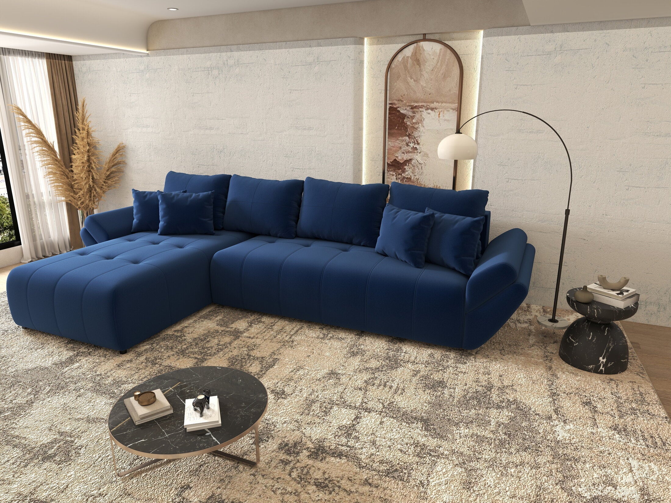 Colțar extensibil dumonde cu ladă de depozitare si sezut confortabil din spuma high-density, Berlin XL Royal Albastru 350x185 cm