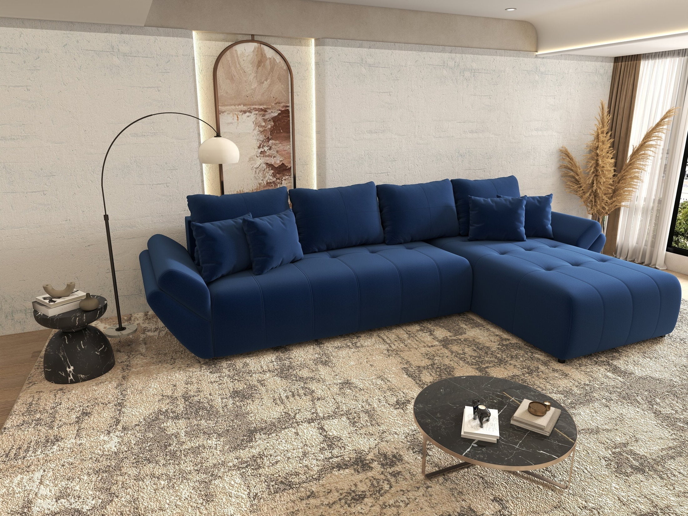 Colțar extensibil dumonde cu ladă de depozitare si sezut confortabil din spuma high-density, Berlin XL Royal Albastru 350x185 cm II