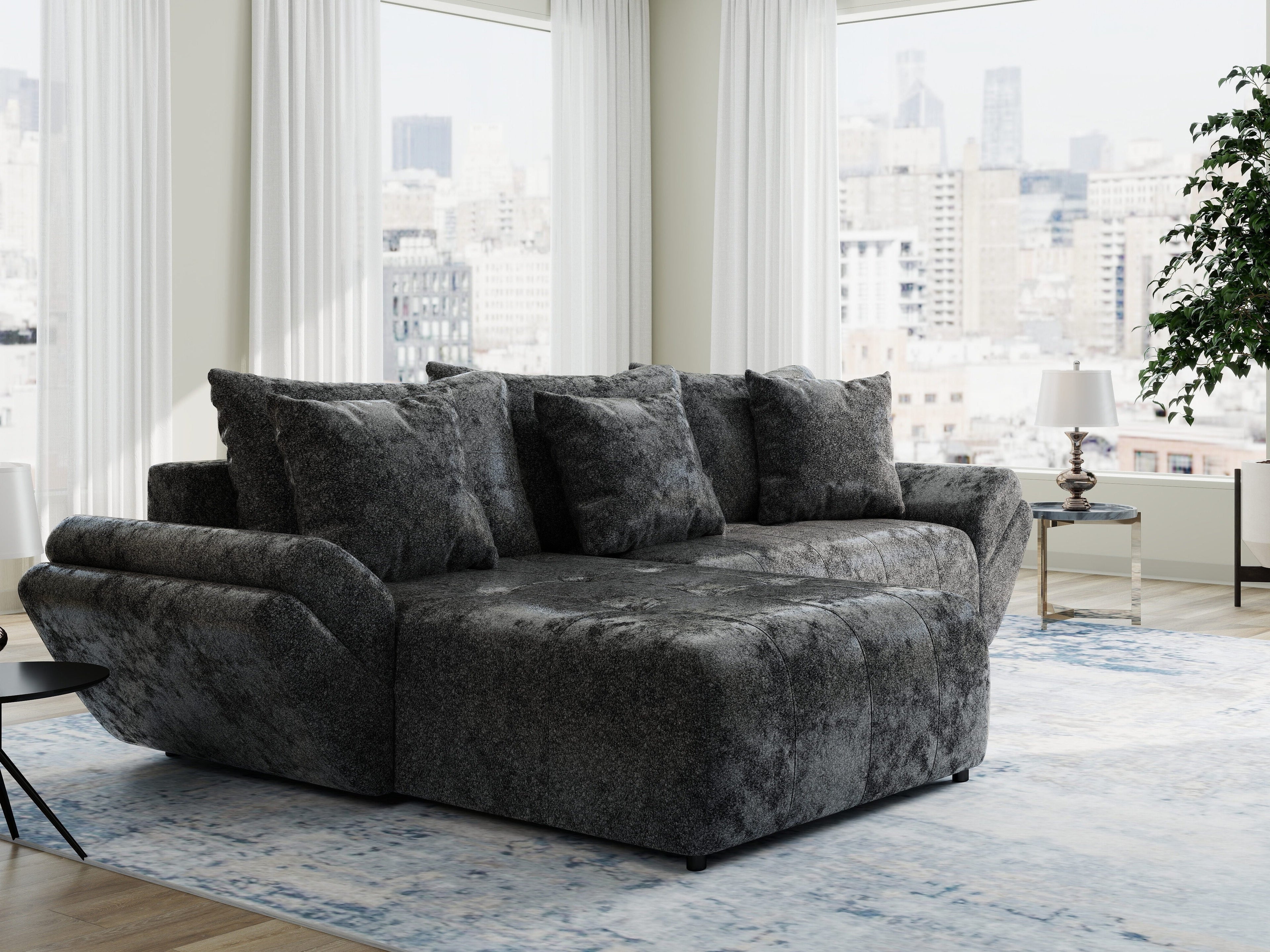 Colțar extensibil dumonde cu ladă de depozitare si sezut confortabil din spuma high-density, Berlin Euphoria Negru 280x185 cm
