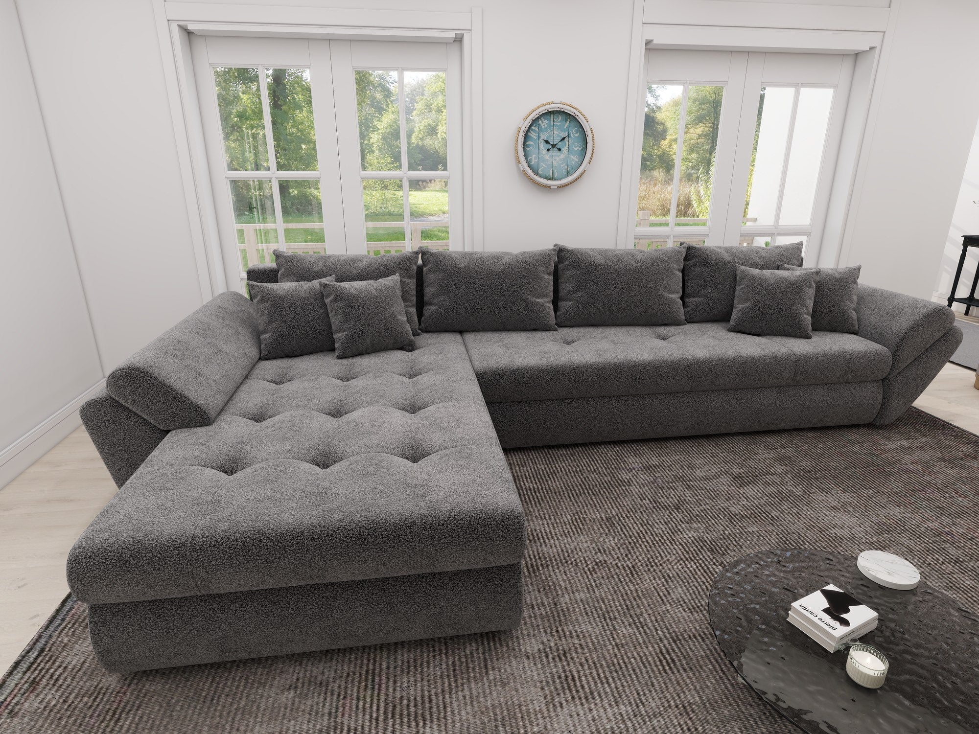 Colțar extensibil dumonde cu ladă de depozitare si sezut confortabil din spuma high-density, Loana XL Quelle Gri 92 335x185 cm