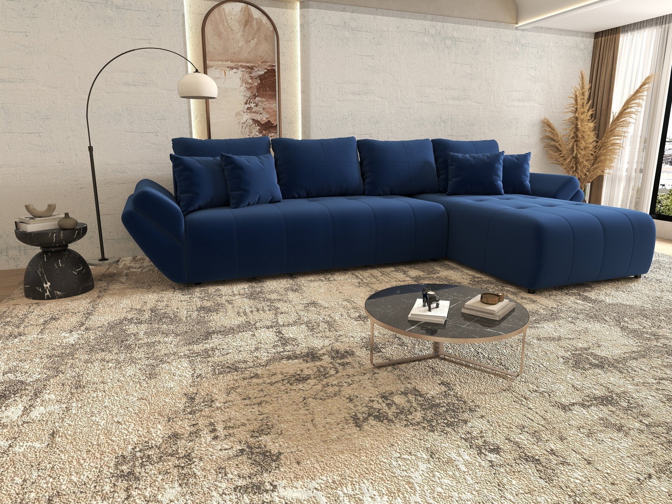 Colțar extensibil dumonde cu ladă de depozitare si sezut confortabil din spuma high-density, Berlin XL Royal Albastru 350x185 cm II