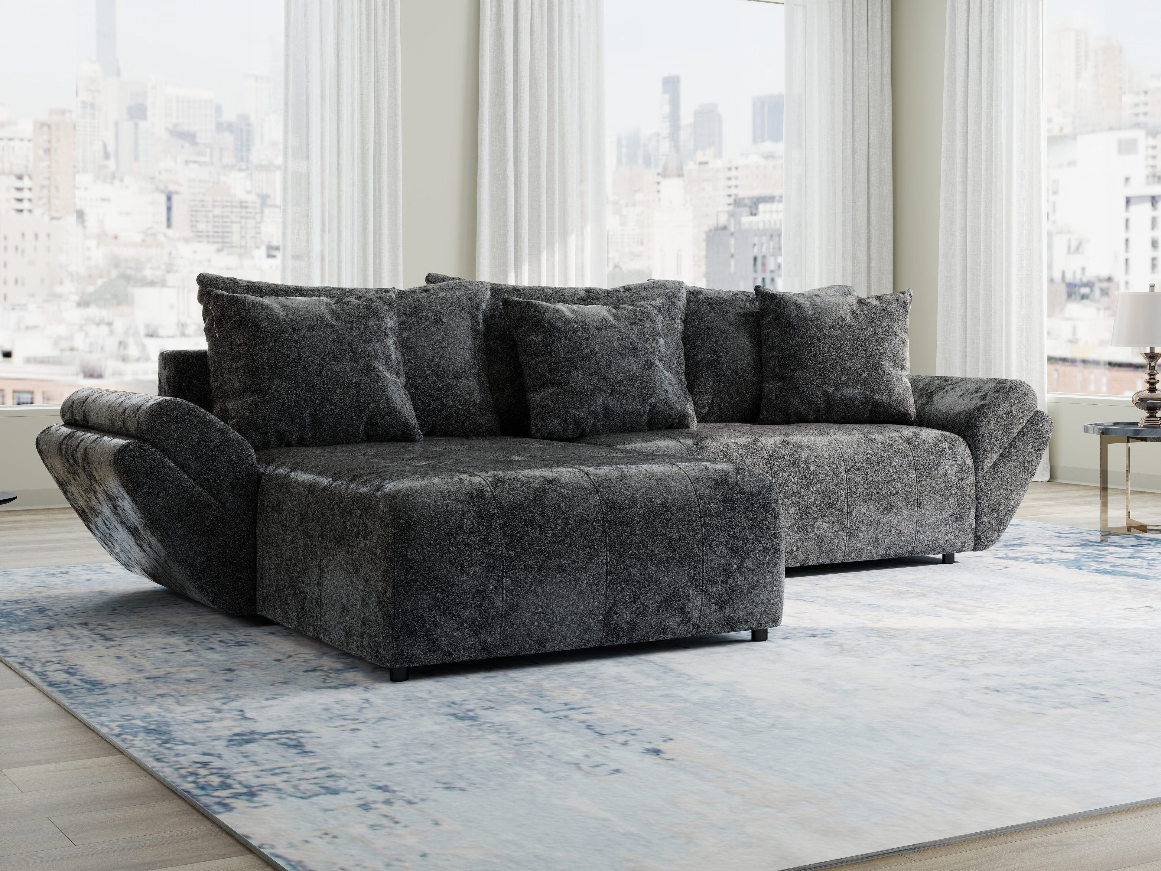 Colțar extensibil dumonde cu ladă de depozitare si sezut confortabil din spuma high-density, Berlin Euphoria Negru 280x185 cm