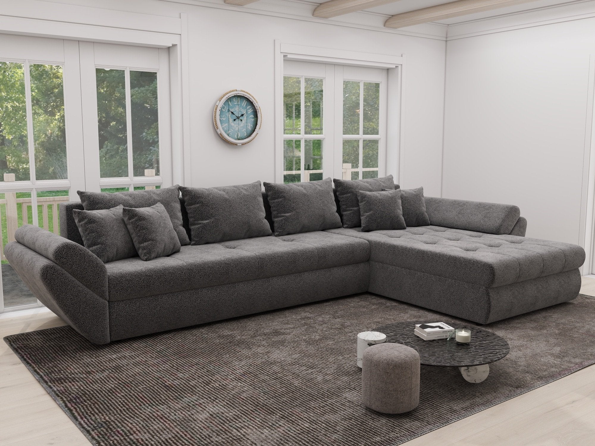 Colțar extensibil dumonde cu ladă de depozitare si sezut confortabil din spuma high-density, Loana XL Quelle Gri 92 II 335x185 cm