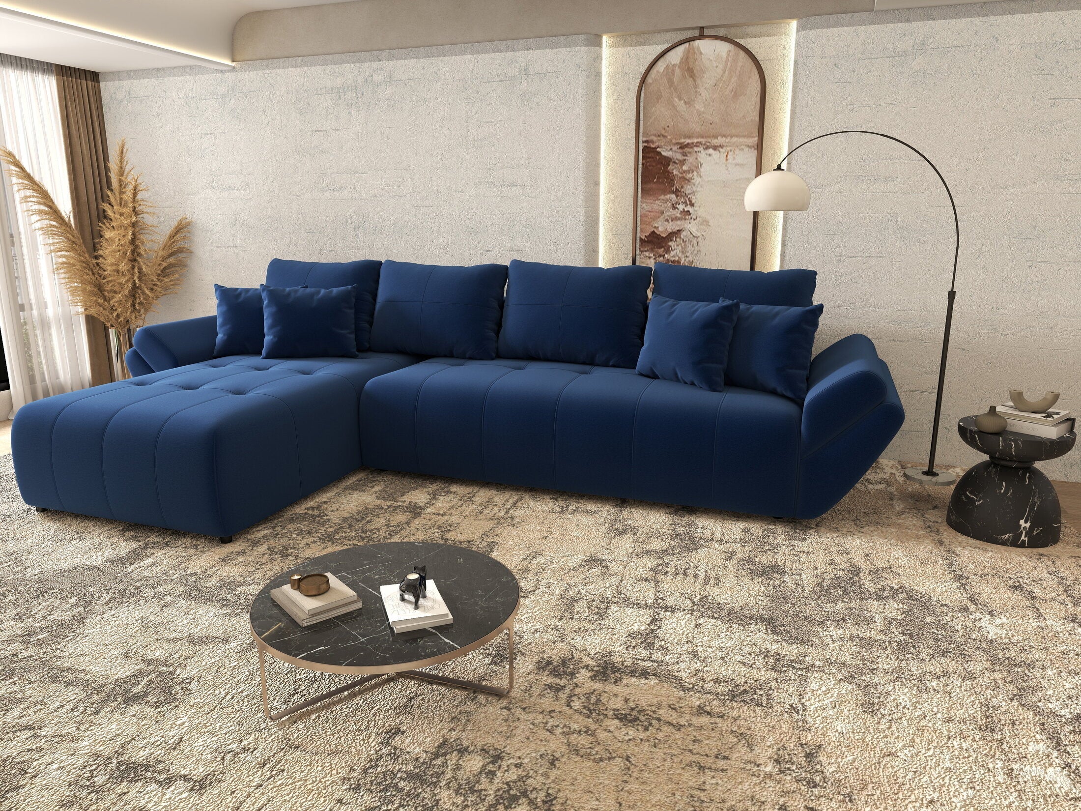 Colțar extensibil dumonde cu ladă de depozitare si sezut confortabil din spuma high-density, Berlin XL Royal Albastru 350x185 cm