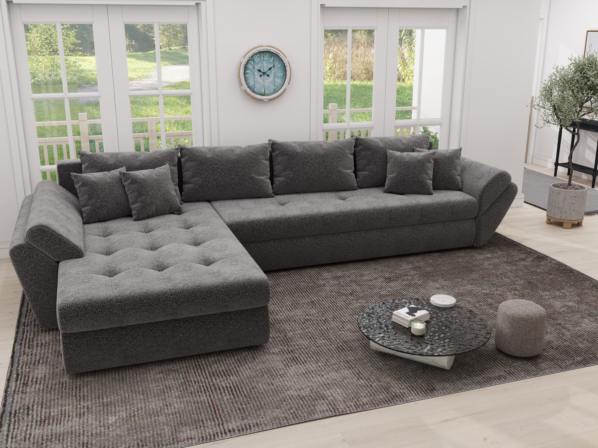 Colțar extensibil dumonde cu ladă de depozitare si sezut confortabil din spuma high-density, Loana XL Quelle Gri 92 335x185 cm