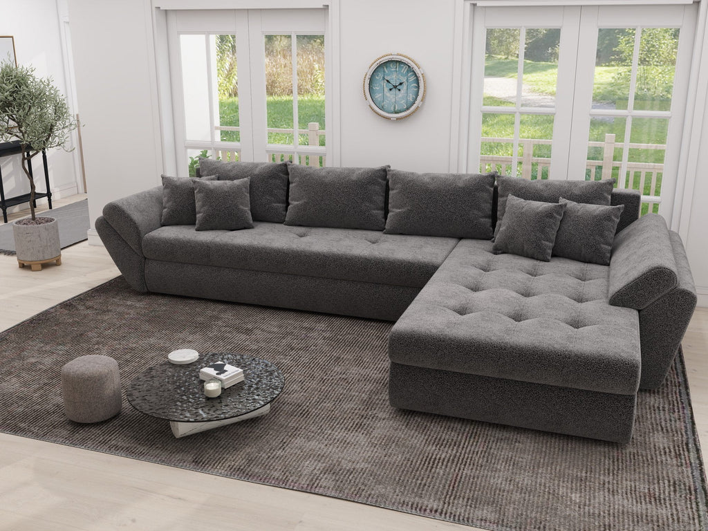 Colțar extensibil dumonde cu ladă de depozitare si sezut confortabil din spuma high-density, Loana XL Quelle Gri 92 II 335x185 cm