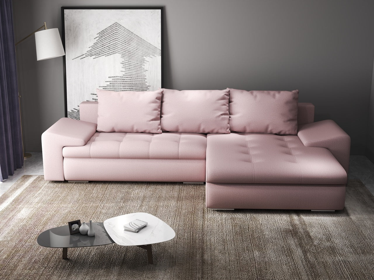 Colțar extensibil dumonde cu ladă de depozitare si sezut confortabil din spuma high-density, Leonardo Enjoy Roz 260x185 cm II