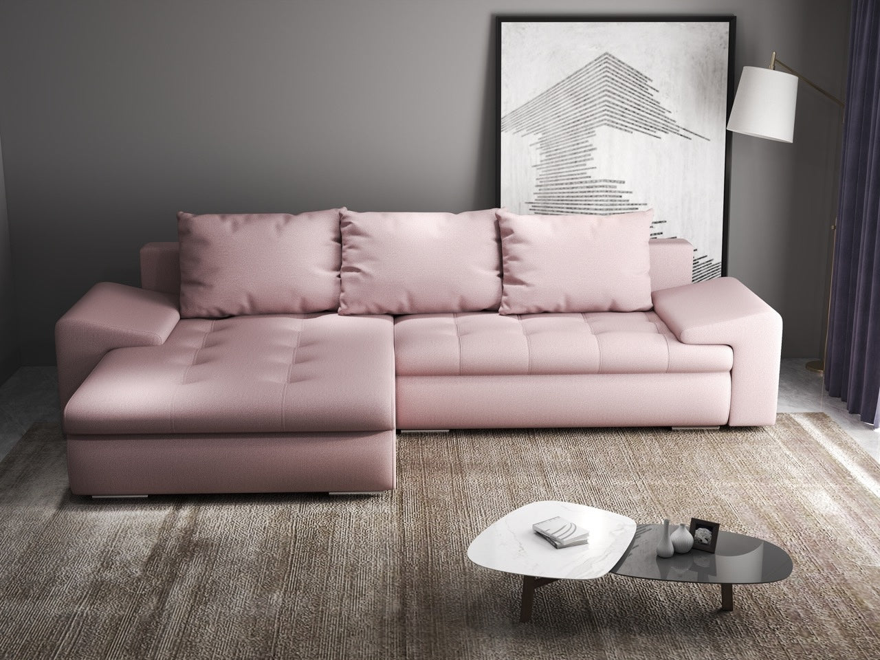 Colțar extensibil dumonde cu ladă de depozitare si sezut confortabil din spuma high-density, Leonardo Enjoy Roz 260x185 cm