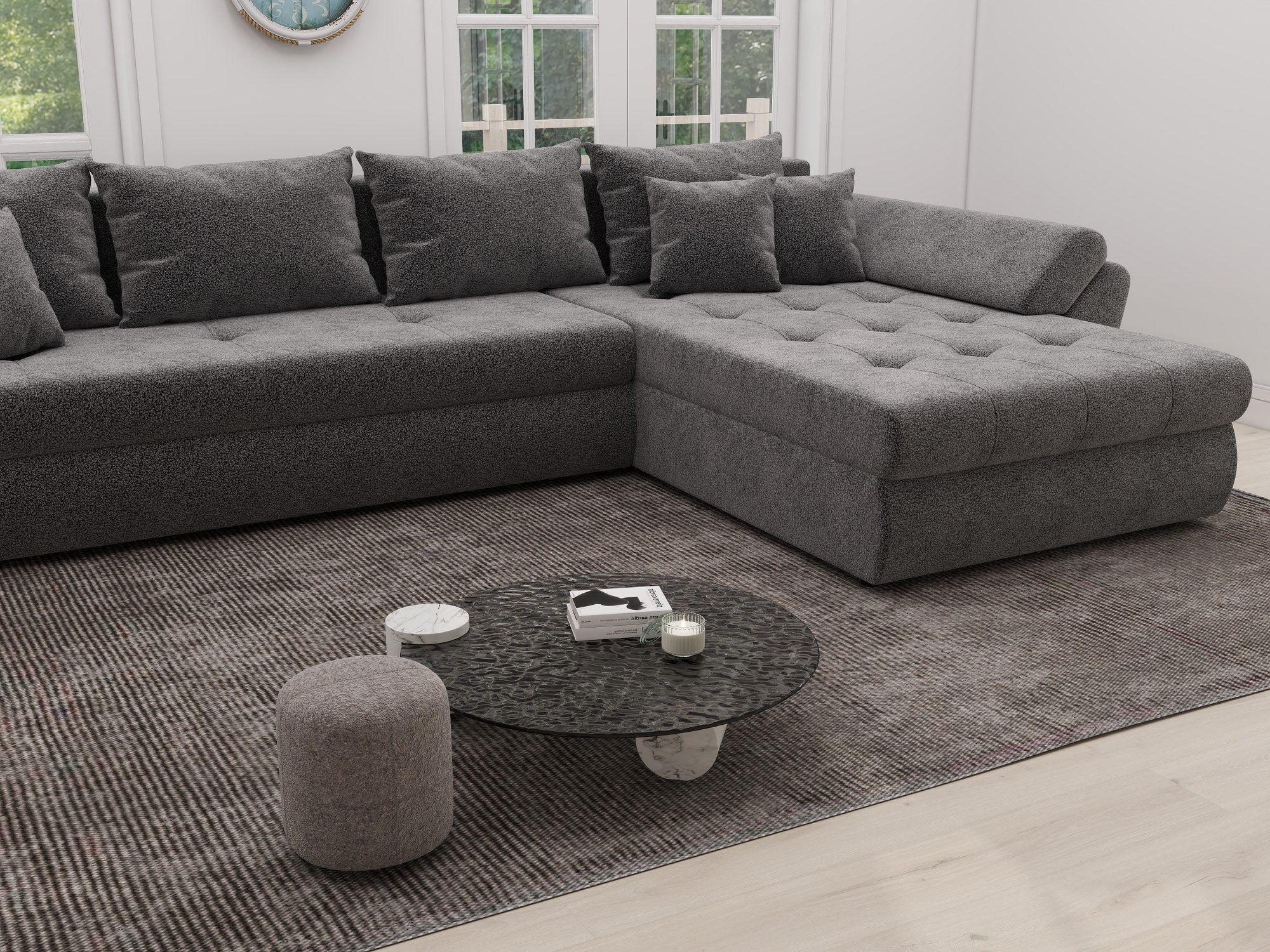 Colțar extensibil dumonde cu ladă de depozitare si sezut confortabil din spuma high-density, Loana XL Quelle Gri 92 II 335x185 cm