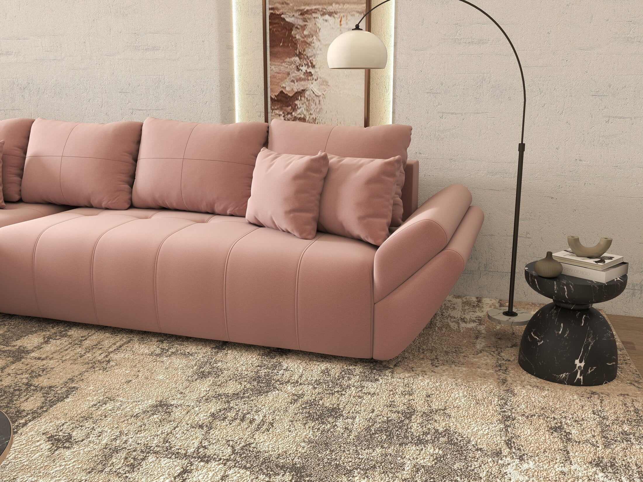 Colțar extensibil dumonde cu ladă de depozitare si sezut confortabil din spuma high-density, Berlin XL Royal Roz 350x185 cm