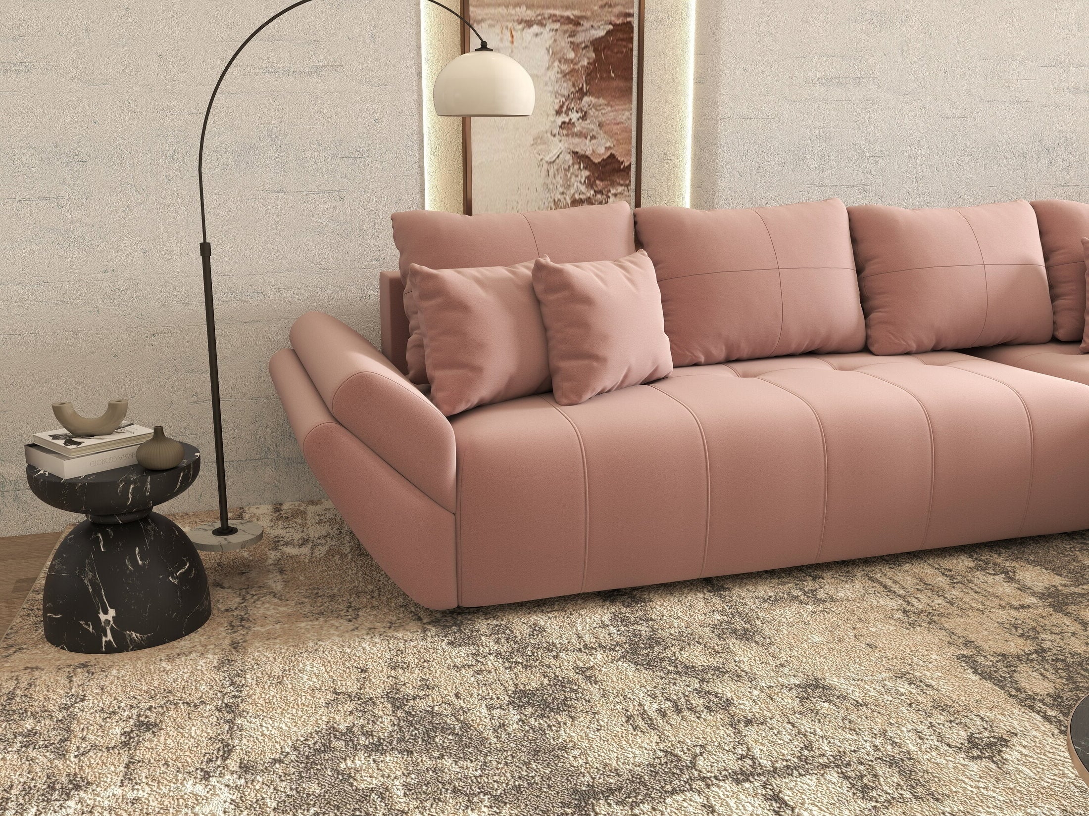 Colțar extensibil dumonde cu ladă de depozitare si sezut confortabil din spuma high-density, Berlin XL Royal Roz 350x185 cm II