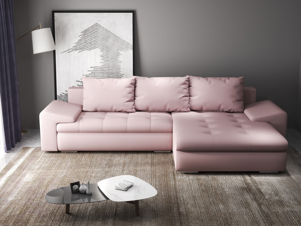 Colțar extensibil dumonde cu ladă de depozitare si sezut confortabil din spuma high-density, Leonardo Enjoy Roz 260x185 cm II