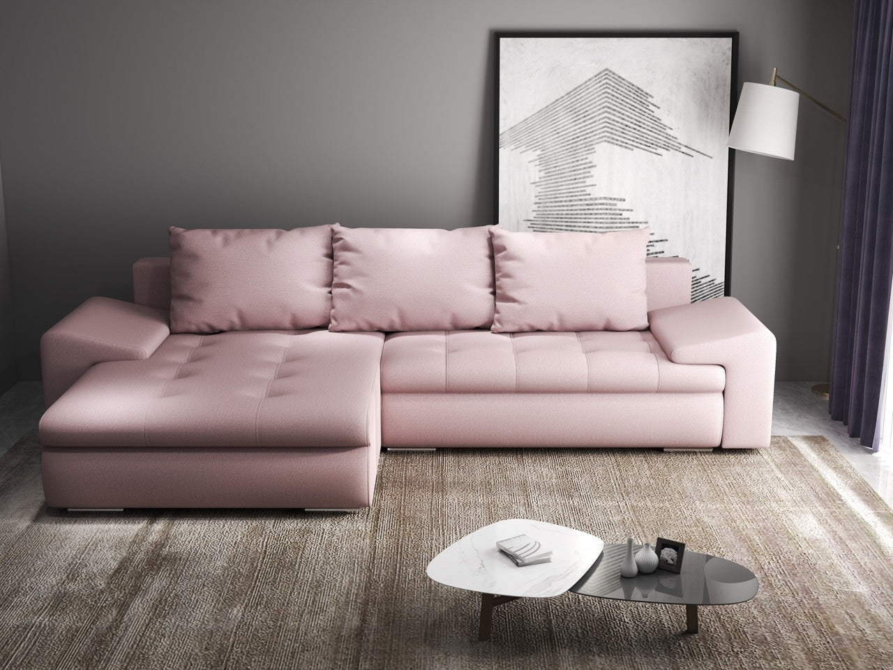 Colțar extensibil dumonde cu ladă de depozitare si sezut confortabil din spuma high-density, Leonardo Enjoy Roz 260x185 cm