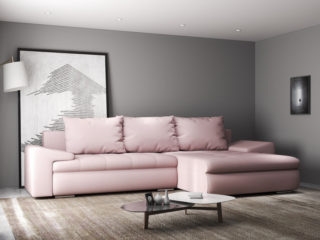 Colțar extensibil dumonde cu ladă de depozitare si sezut confortabil din spuma high-density, Leonardo Enjoy Roz 260x185 cm II