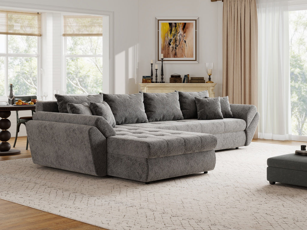 Colțar extensibil dumonde cu ladă de depozitare si sezut confortabil din spuma high-density, Loana XL Arena Gri Grafit 335x185 cm