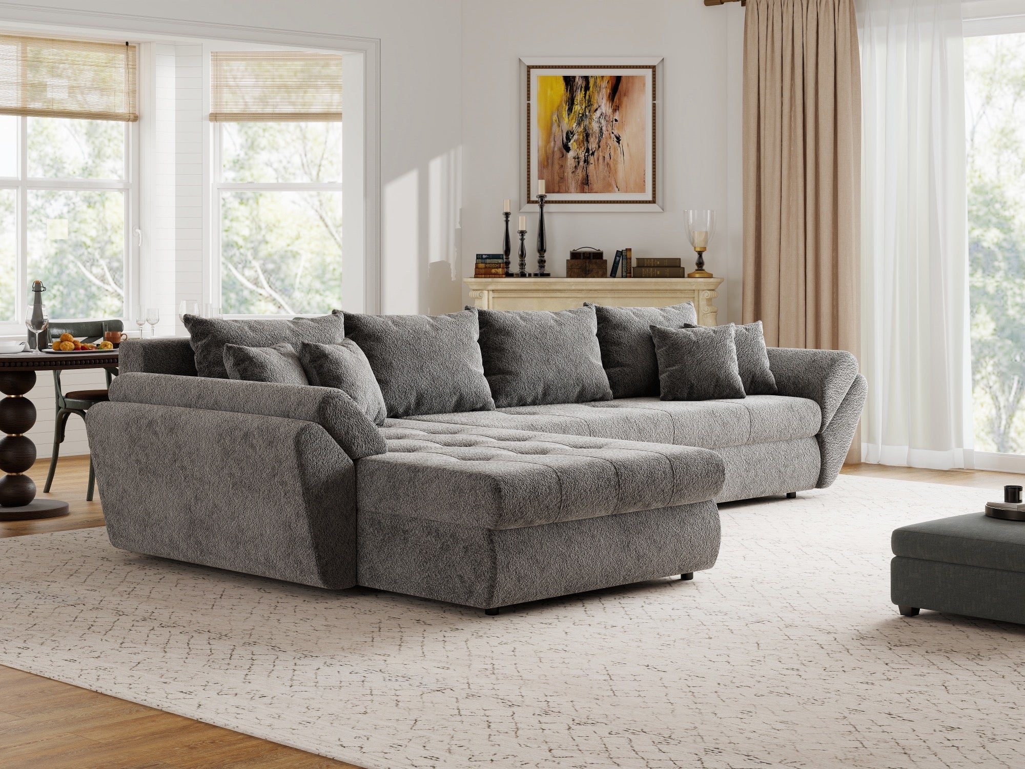 Colțar extensibil dumonde cu ladă de depozitare si sezut confortabil din spuma high-density, Loana XL Arena Gri Grafit 335x185 cm