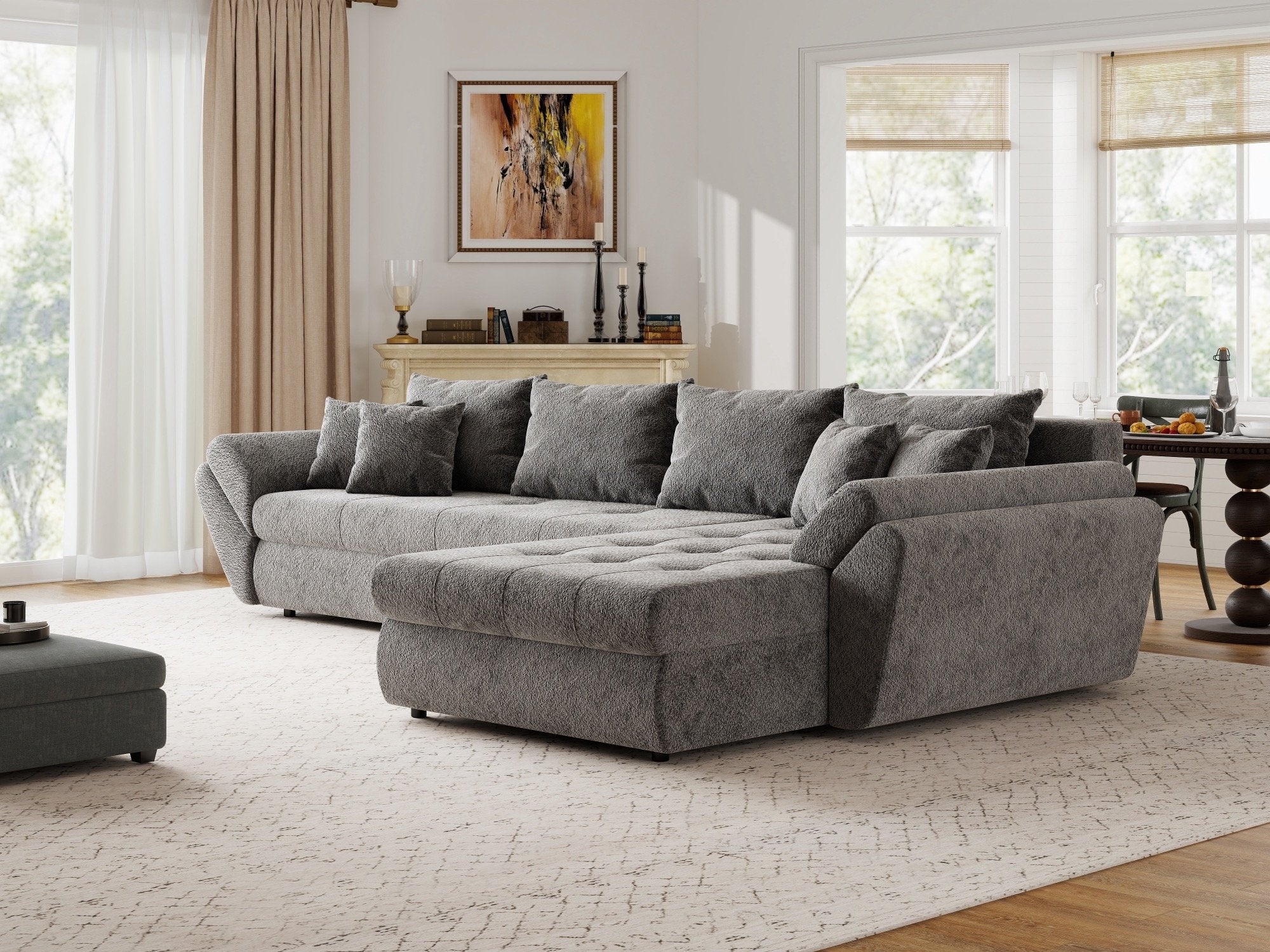 Colțar extensibil dumonde cu ladă de depozitare si sezut confortabil din spuma high-density, Loana XL Arena Gri Grafit II 335x185 cm