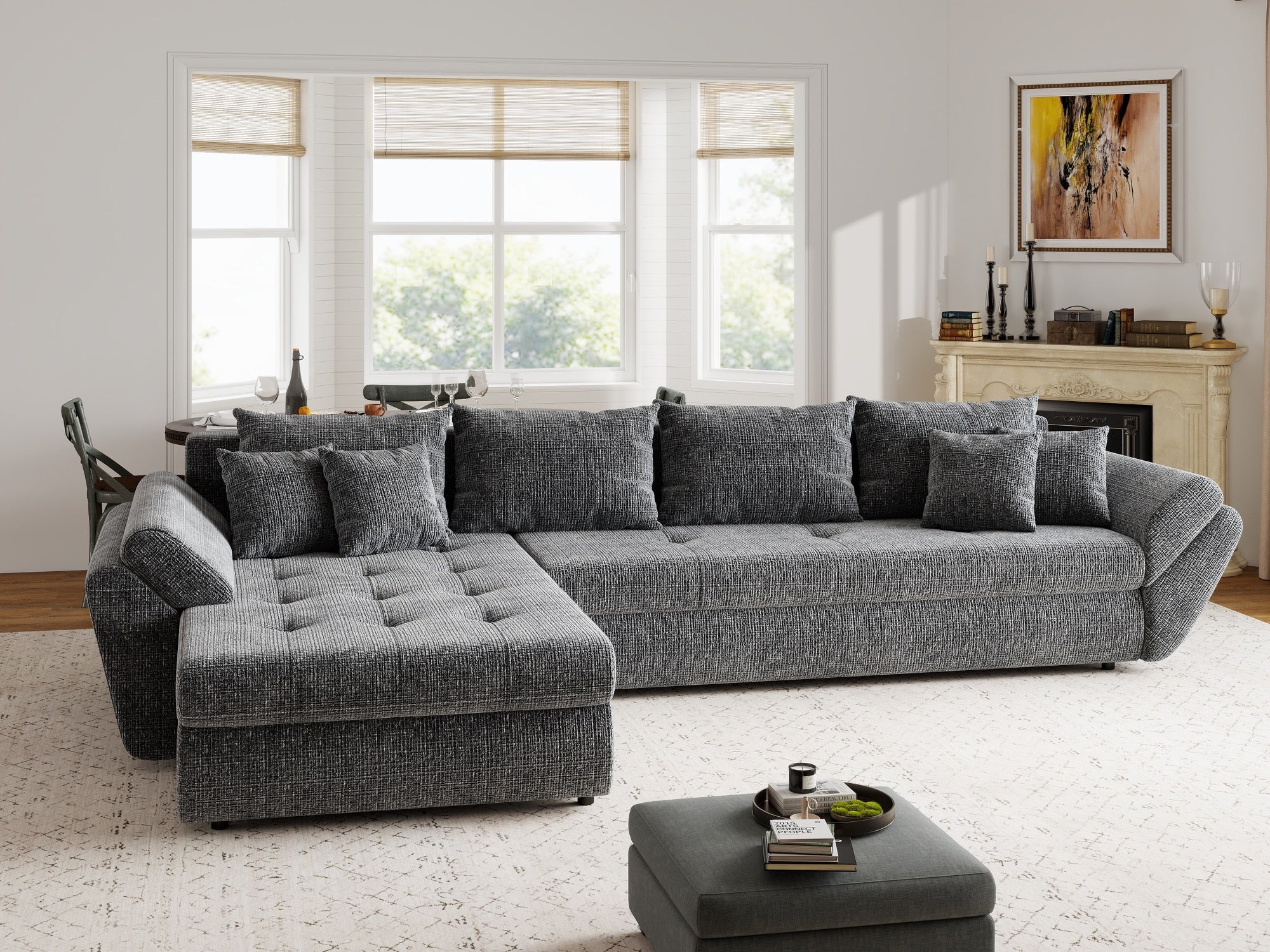 Colțar extensibil dumonde cu ladă de depozitare si sezut confortabil din spuma high-density, Loana XL Cremona Gri 335x185 cm