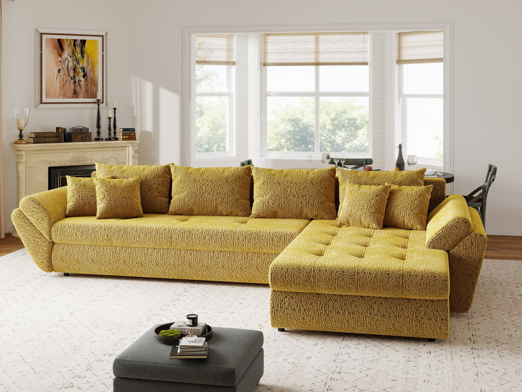 Colțar extensibil dumonde cu ladă de depozitare si sezut confortabil din spuma high-density, Loana XL Jaguar Galben Mustar II 335x185 cm