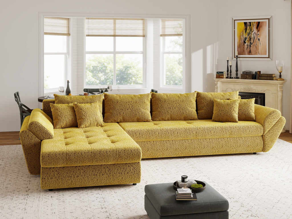 Colțar extensibil dumonde cu ladă de depozitare si sezut confortabil din spuma high-density, Loana XL Jaguar Galben Mustar 335x185 cm