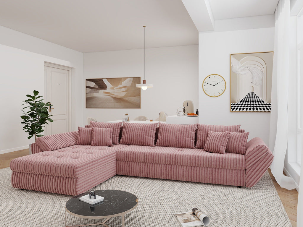 Colțar extensibil dumonde cu ladă de depozitare si sezut confortabil din spuma high-density, Loana XL Tilia Roz Pudrat 335x185 cm