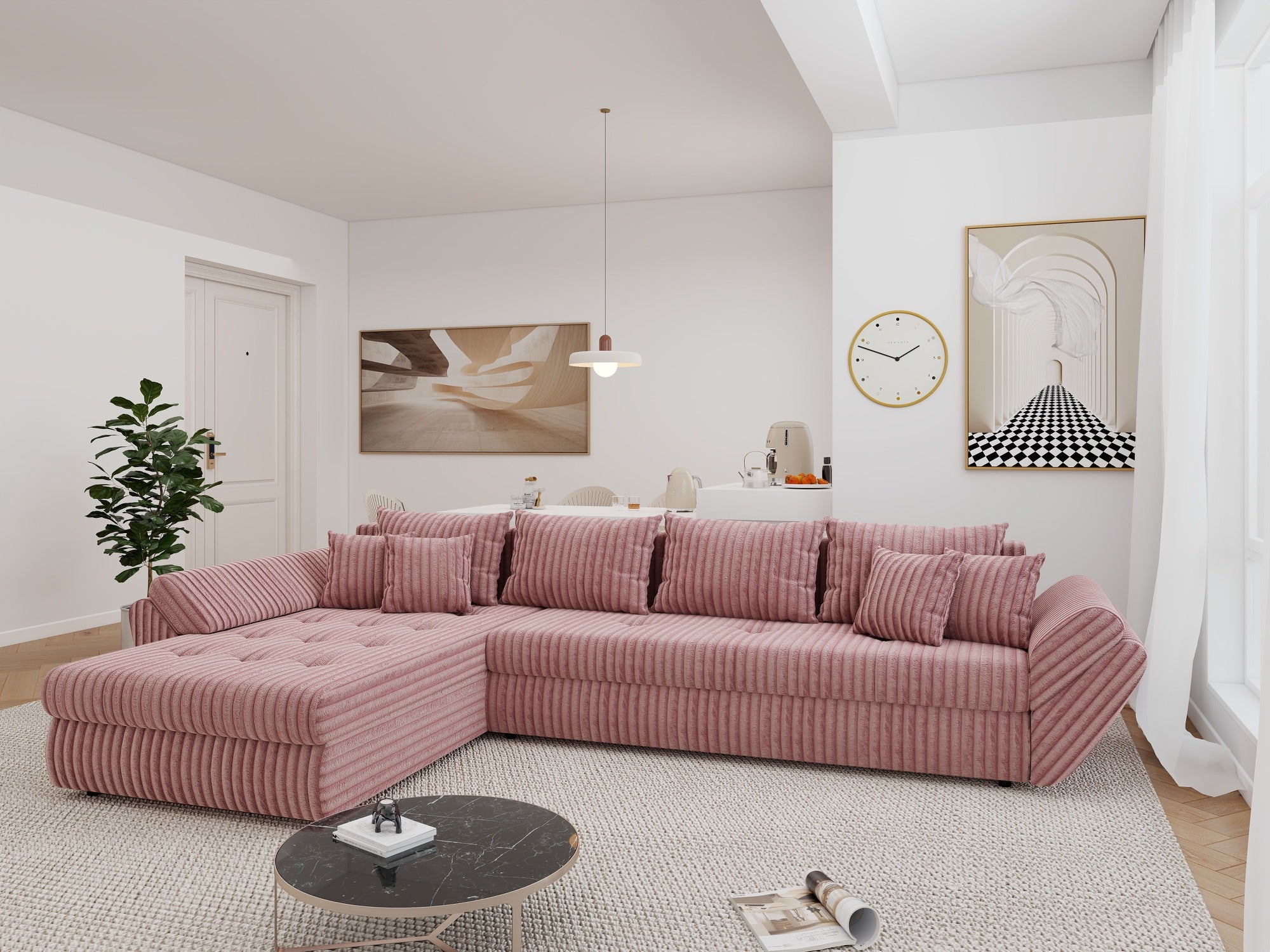 Colțar extensibil dumonde cu ladă de depozitare si sezut confortabil din spuma high-density, Loana XL Tilia Roz Pudrat 335x185 cm