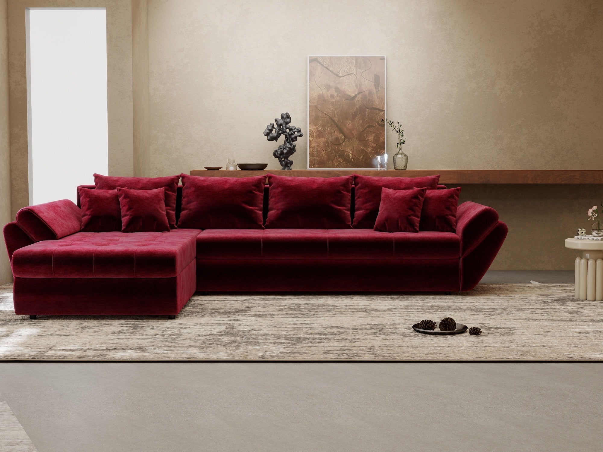 Colțar extensibil dumonde cu ladă de depozitare si sezut confortabil din spuma high-density, Loana XL Monolith Rosu 335x185 cm