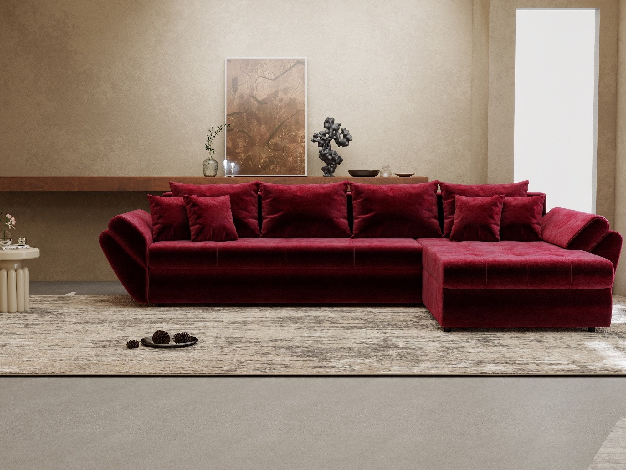 Colțar extensibil dumonde cu ladă de depozitare si sezut confortabil din spuma high-density, Loana XL Monolith Rosu II 335x185 cm