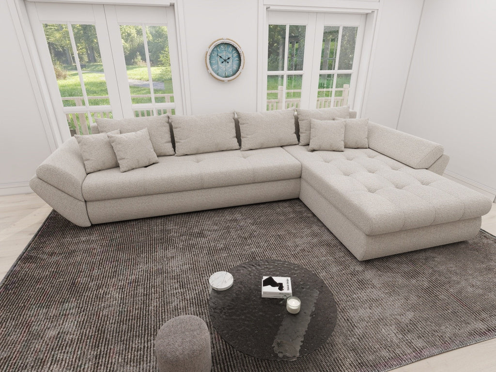 Colțar extensibil dumonde cu ladă de depozitare si sezut confortabil din spuma high-density, Loana XL Monte Bej II 335x185 cm