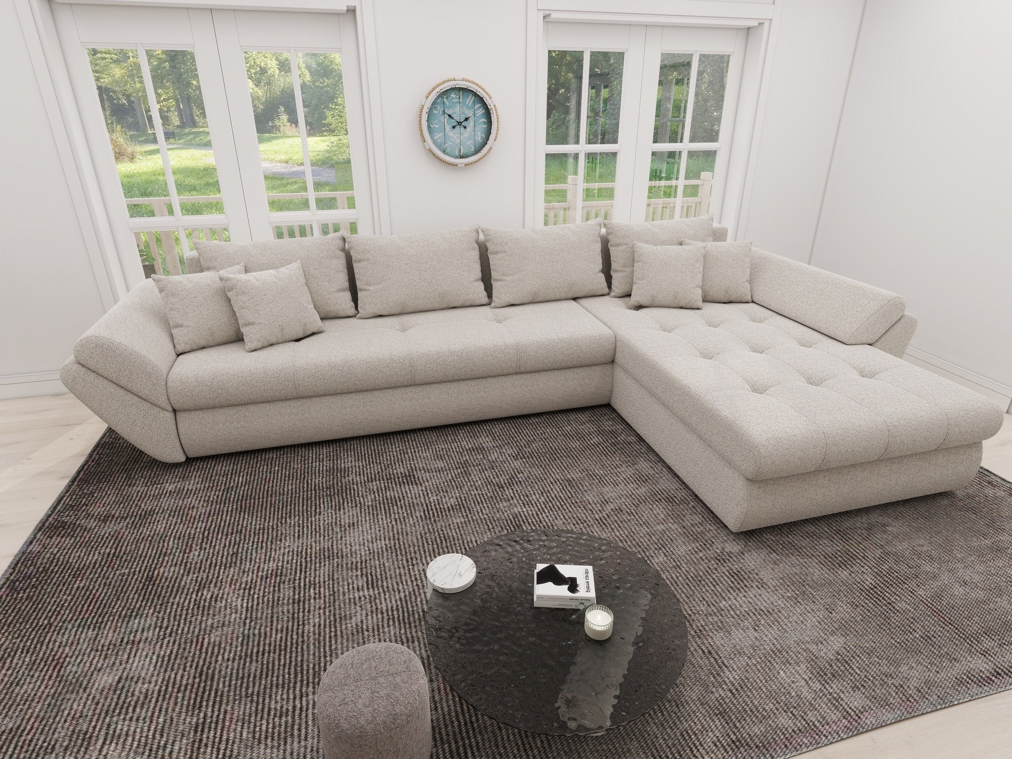 Colțar extensibil dumonde cu ladă de depozitare si sezut confortabil din spuma high-density, Loana XL Monte Bej II 335x185 cm